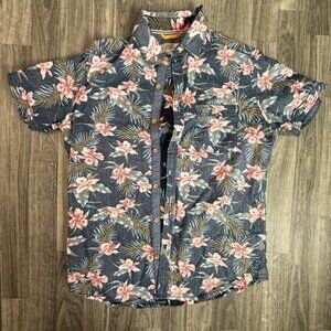 Free Planet Small Blue Floral Hawaiian Shirt Short Sleeve Tropical Button Up